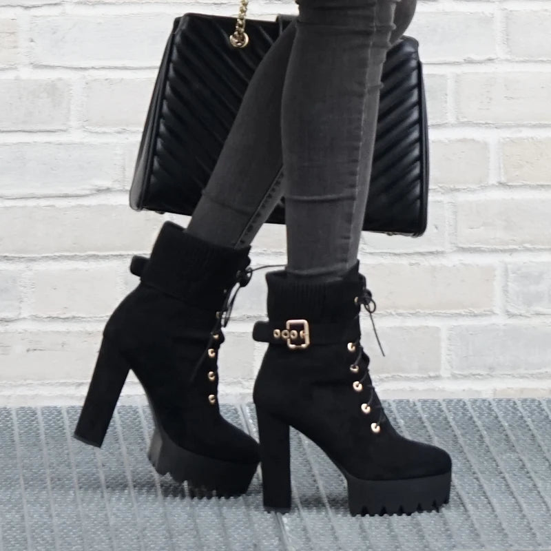 Platform Thick High Heel Buckle Strap Flock Ankle Boots