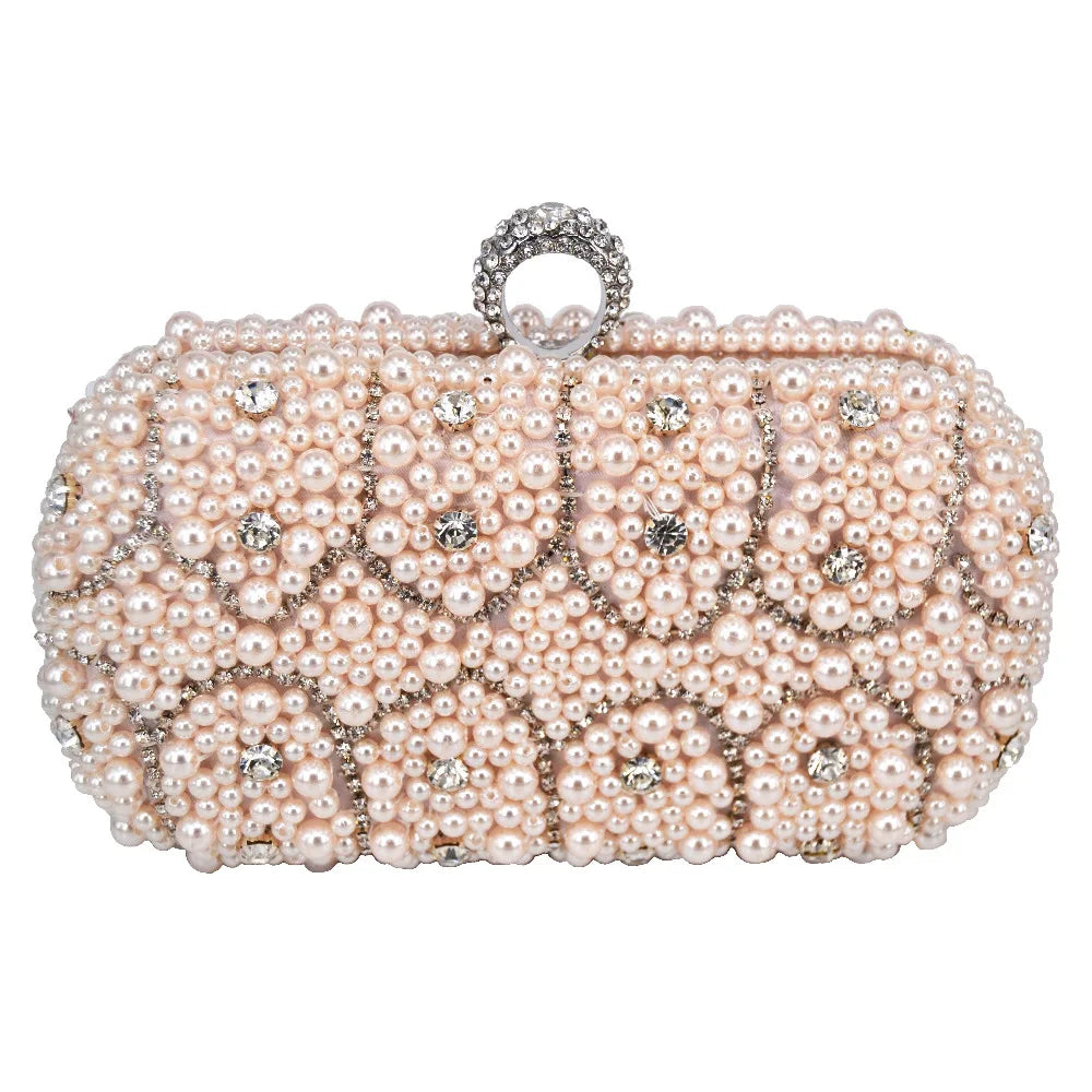 Pearl Finger Ring Clutch Beaded Chain Evening Clutch Bags