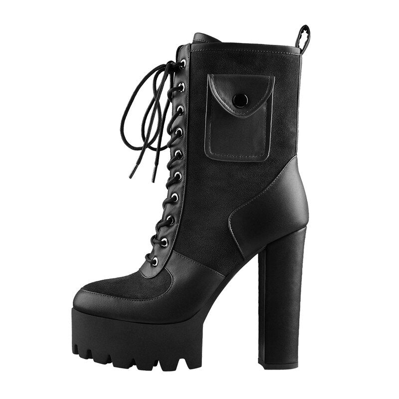 Platform Lace Up Chunky Round Heels High Heel Ankle Boots