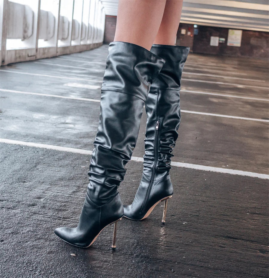 Pointed Toe Metal Heel Side Zip Over The Knee High Boots