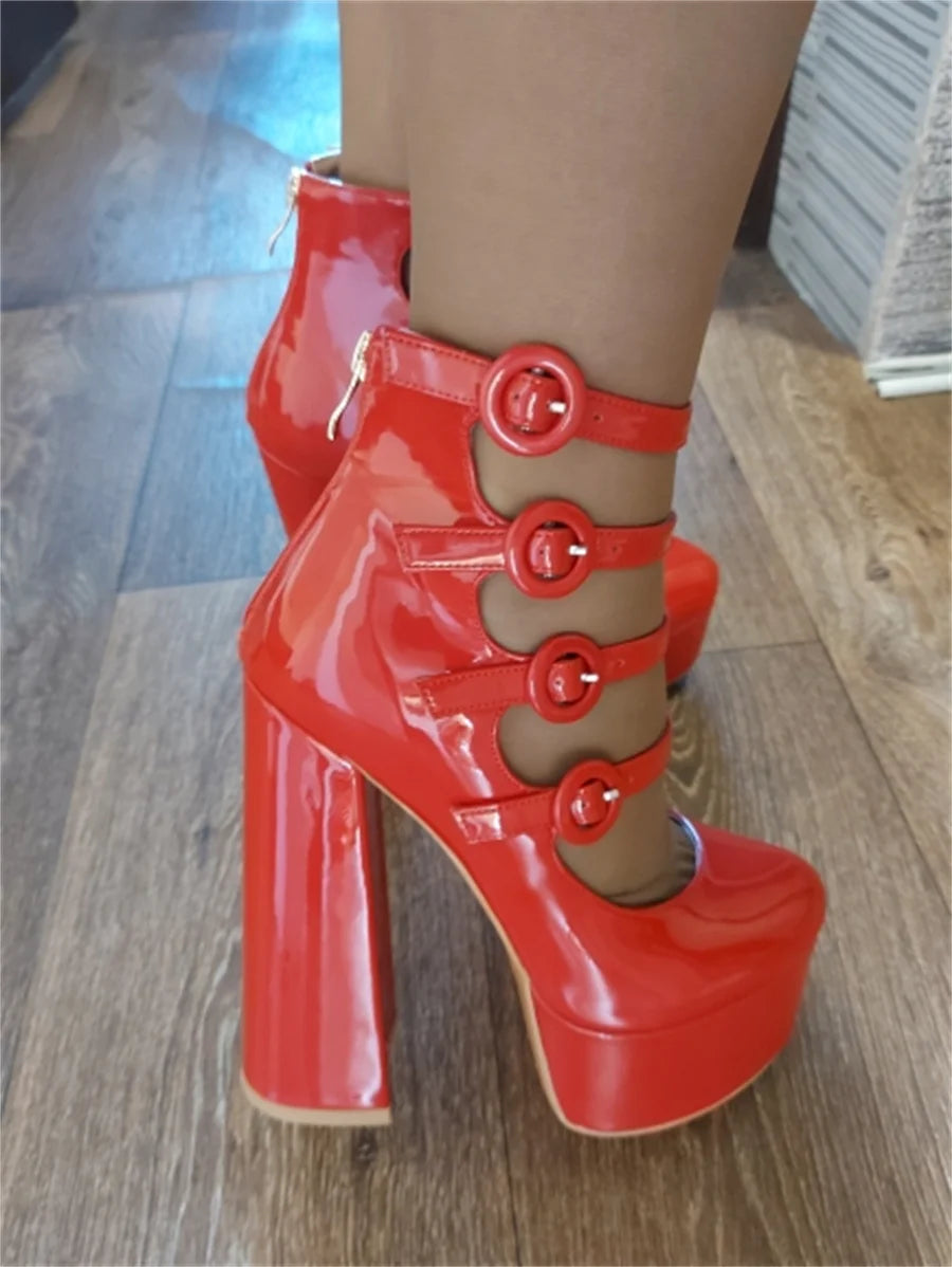 Platform Round Toe Chunky Square Heels Ankle Wrap Buckle Strap Sandals