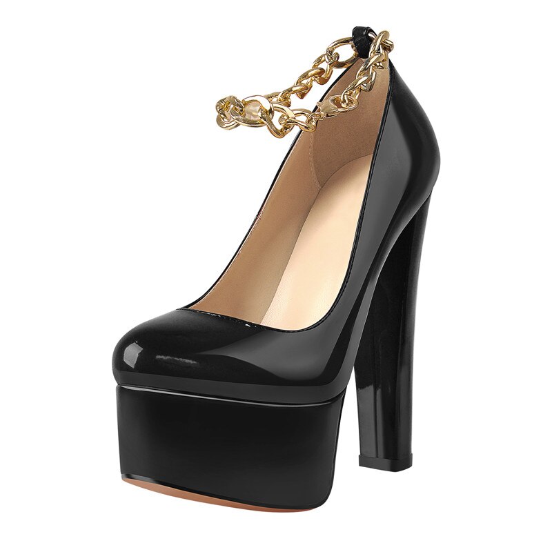 Round Toe Chunky Heels Pumps Chain Ankle Strap Shoes