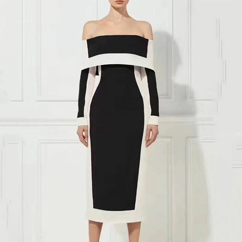 Black White Off The Long Sleeve Slash Neck Mid Bandage Dress