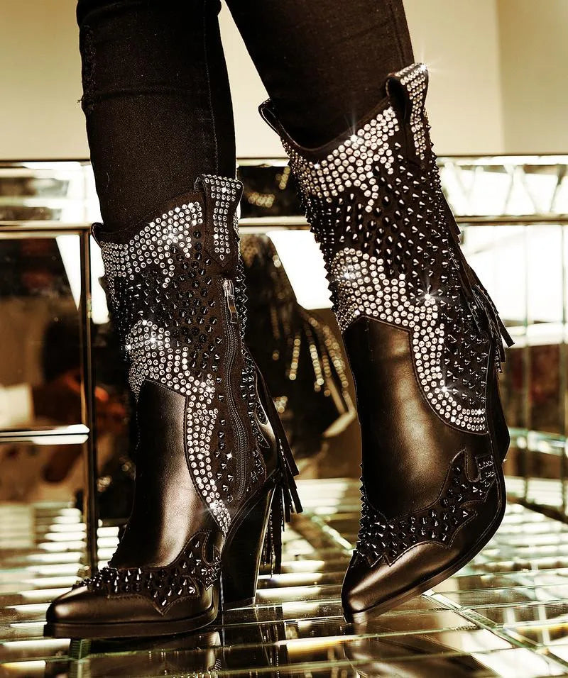 Rhinestone Crystal Fringe Chunky Heels Over The Knee Boots