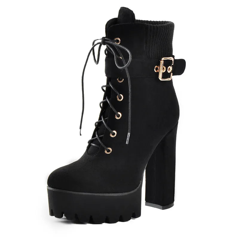 Platform Thick High Heel Buckle Strap Flock Ankle Boots