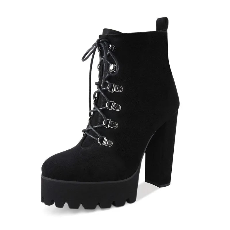 Platform Thick High Heel Buckle Strap Flock Ankle Boots