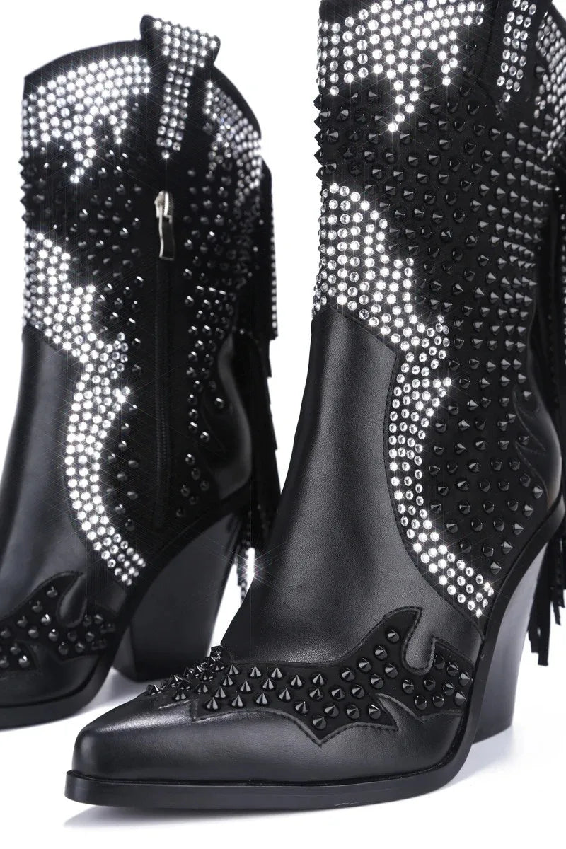 Rhinestone Crystal Fringe Chunky Heels Over The Knee Boots