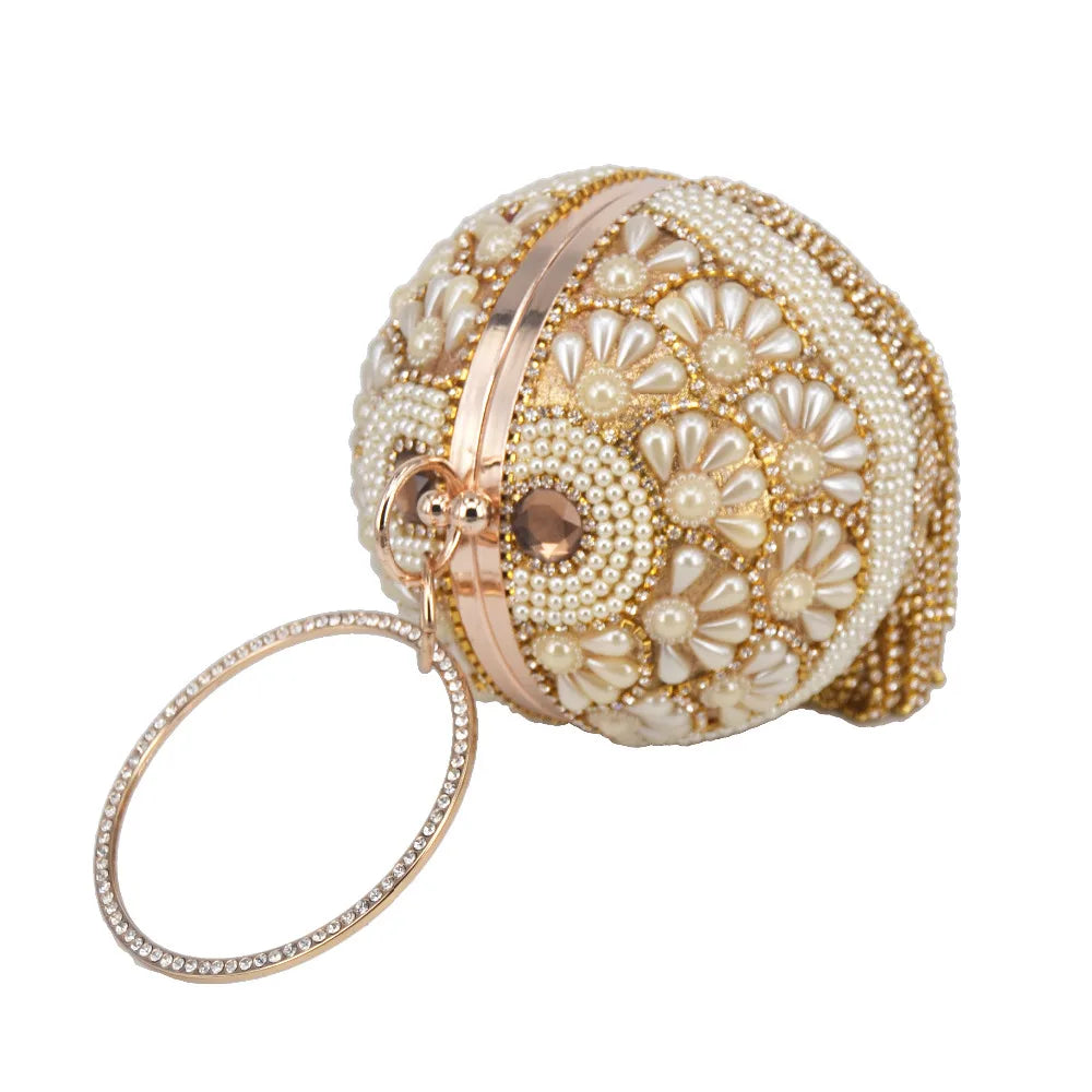 Pearl Circular Ring Wristlets Crystal tassels Ball Clutch Bag