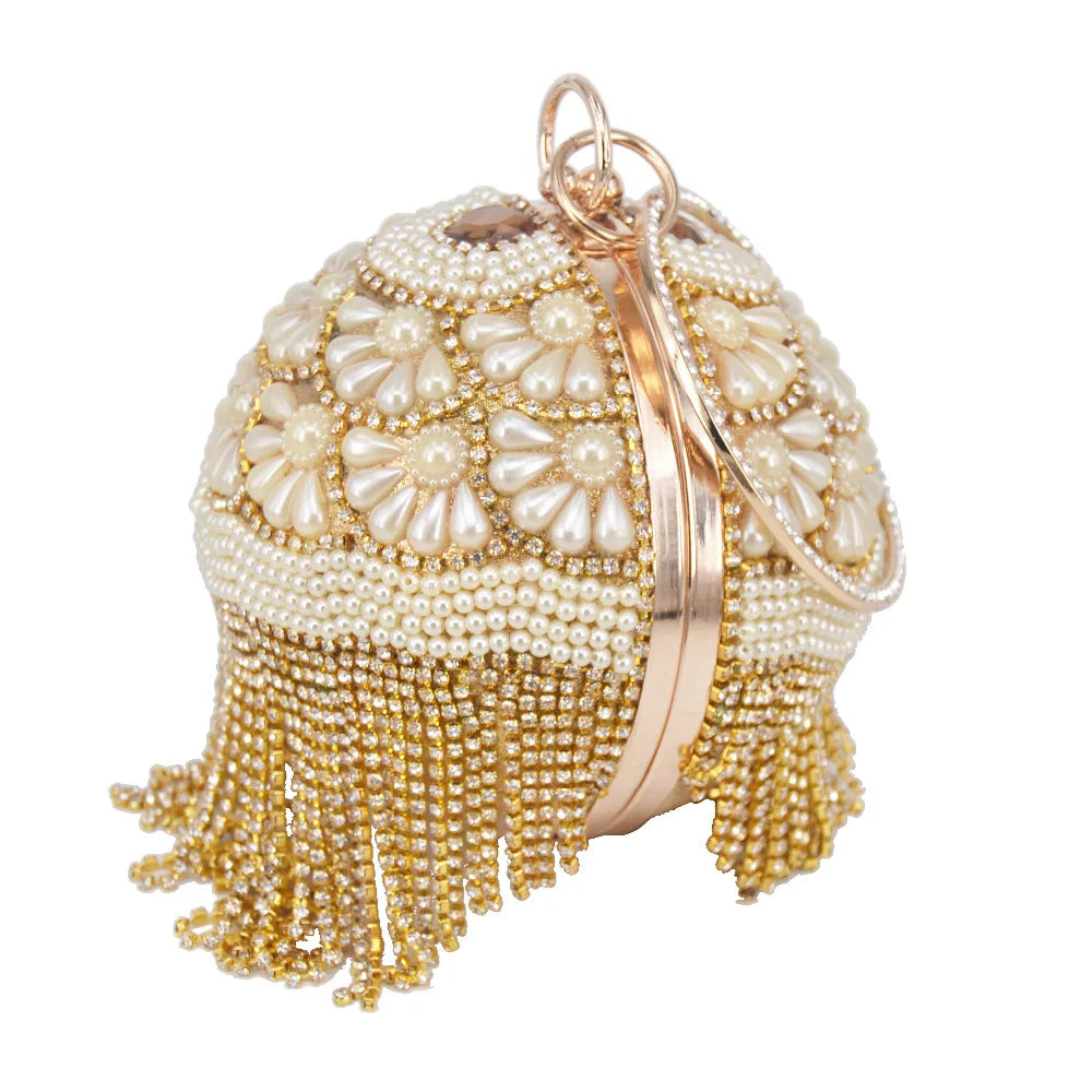 Pearl Circular Ring Wristlets Crystal tassels Ball Clutch Bag