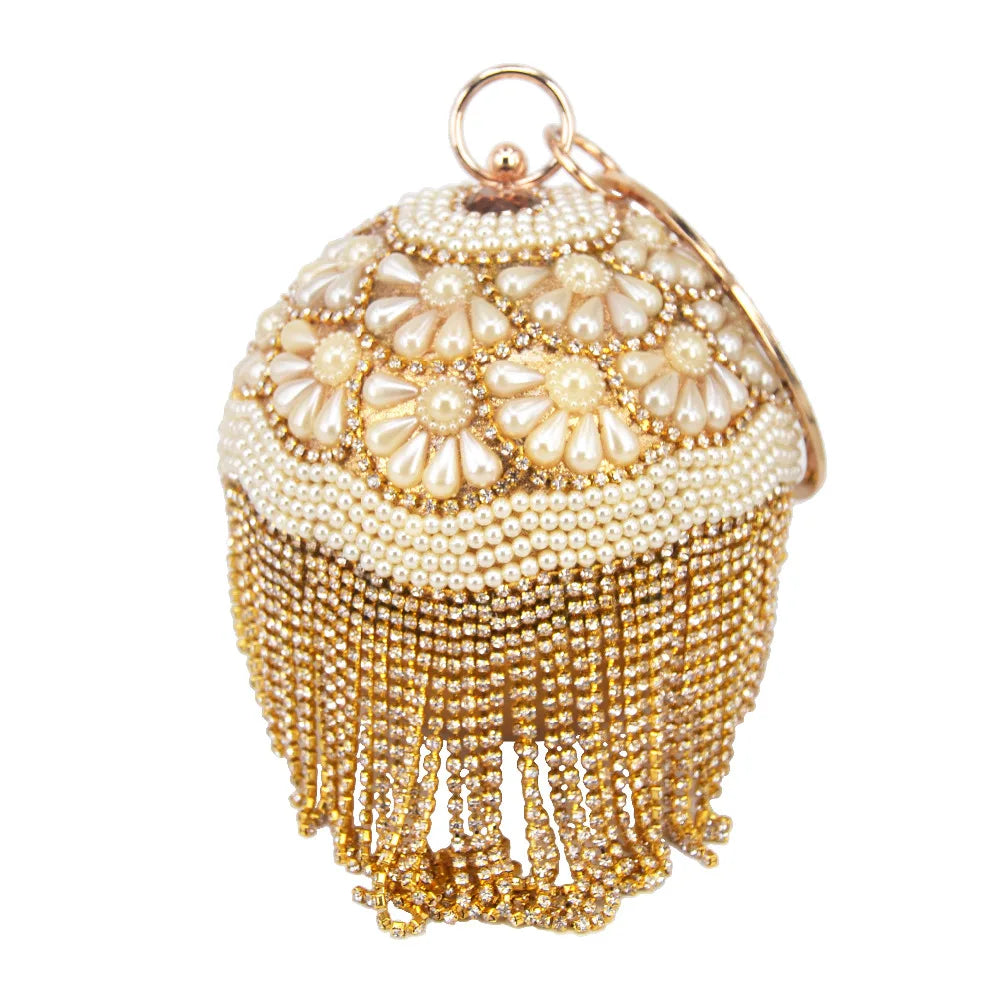 Pearl Circular Ring Wristlets Crystal tassels Ball Clutch Bag