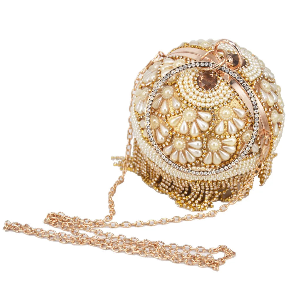 Pearl Circular Ring Wristlets Crystal tassels Ball Clutch Bag