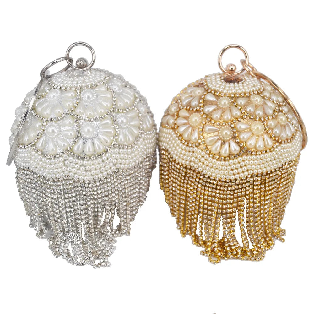 Pearl Circular Ring Wristlets Crystal tassels Ball Clutch Bag