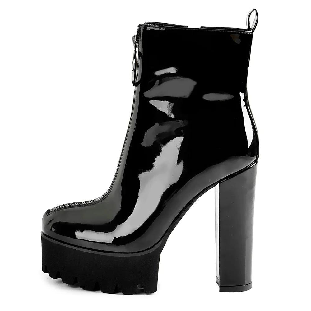 Patent Leather Platform Round Toe Chunky Heel Pull on Ankle Boots