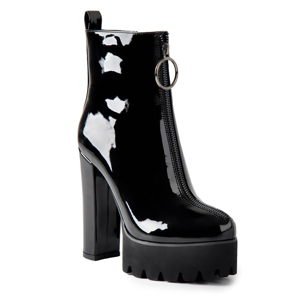 Patent Leather Platform Round Toe Chunky Heel Pull on Ankle Boots