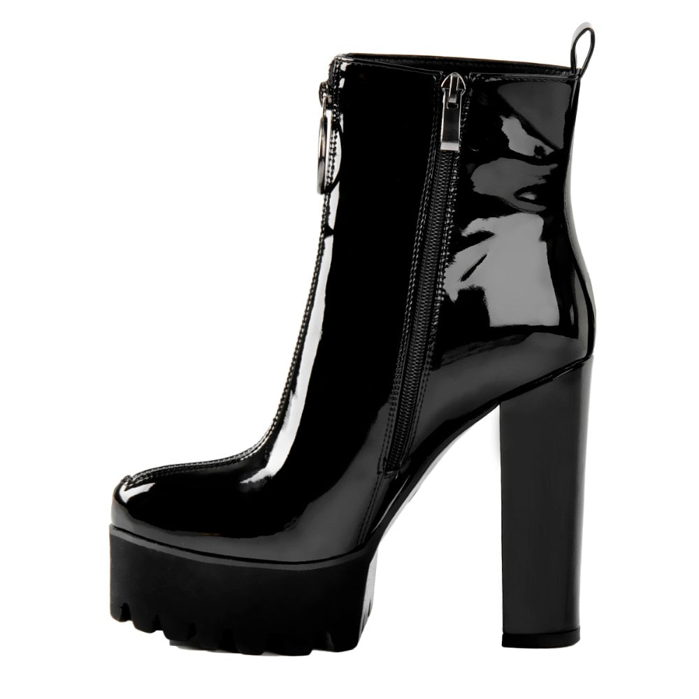 Patent Leather Platform Round Toe Chunky Heel Pull on Ankle Boots