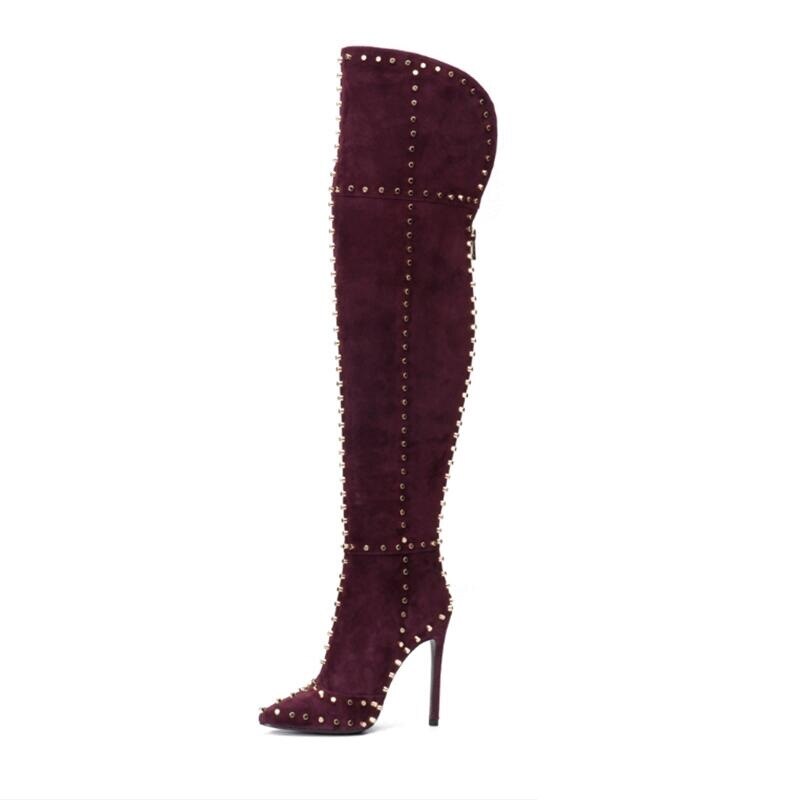 Stretchy Suede Leather Back Zipper Rivet High Heels Over The Knee  Boots