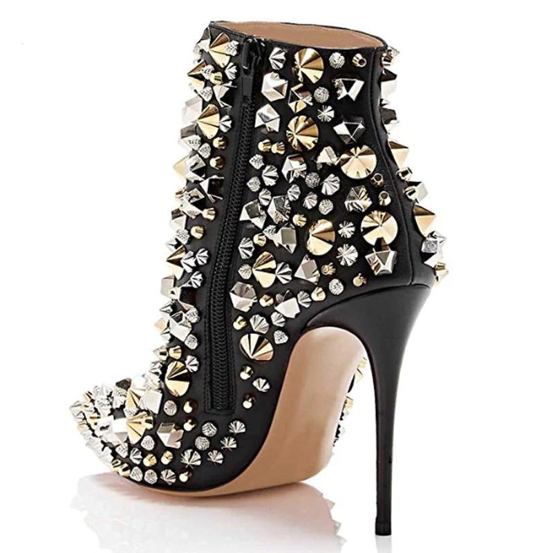 Pointed Toe Rivets Studded Decor High Heels Ankle Boots