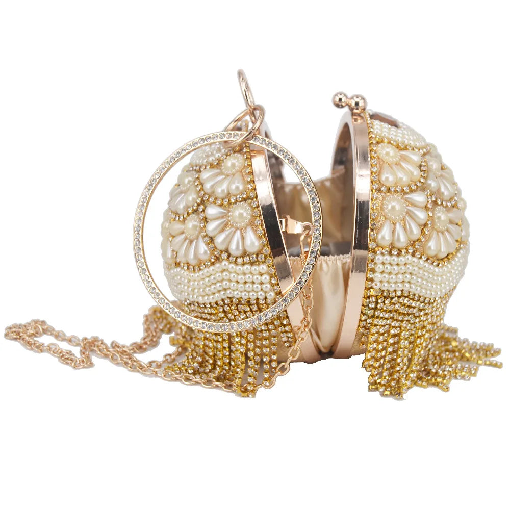 Pearl Circular Ring Wristlets Crystal tassels Ball Clutch Bag