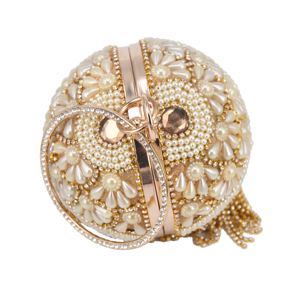 Pearl Circular Ring Wristlets Crystal tassels Ball Clutch Bag