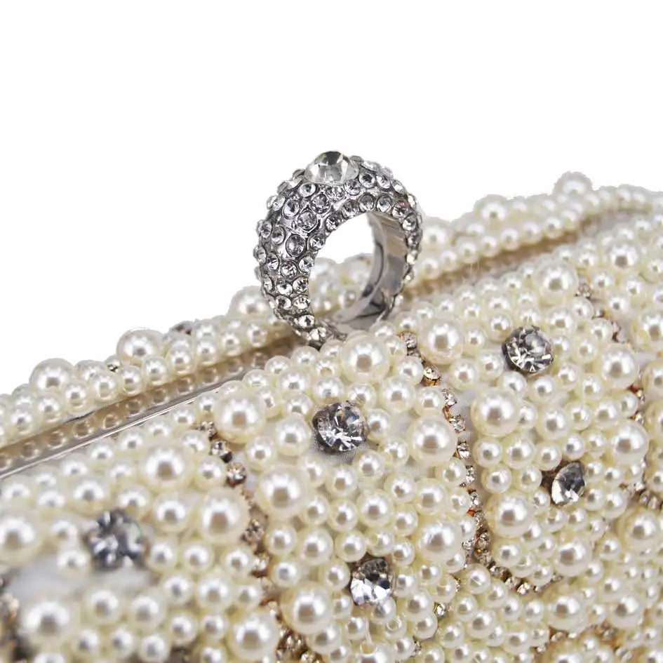 Pearl Finger Ring Clutch Beaded Chain Evening Clutch Bags