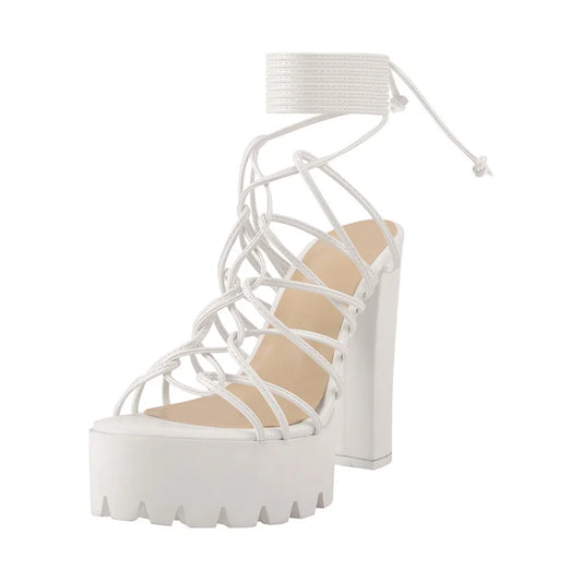 Lace Up Cross-Tied Soft PU Leather Strap High Heel Platform Sandals