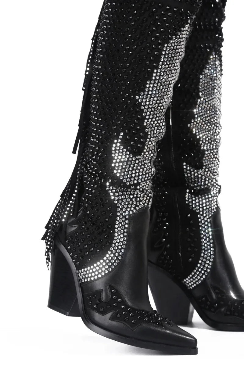 Rhinestone Crystal Fringe Chunky Heels Over The Knee Boots