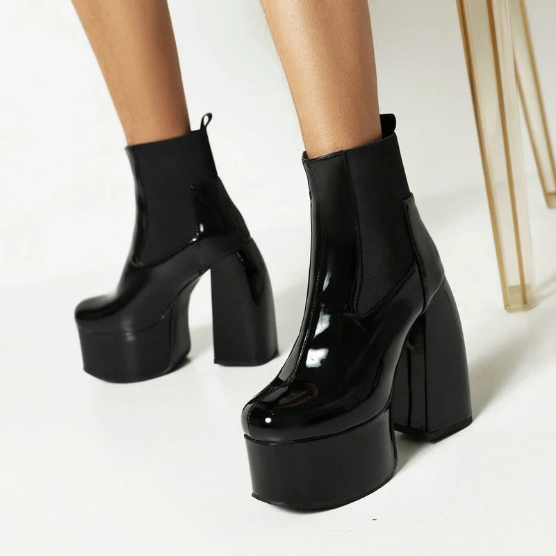 Round Toe Thick High Heel Patent Leather PU Ankle Platform Boots
