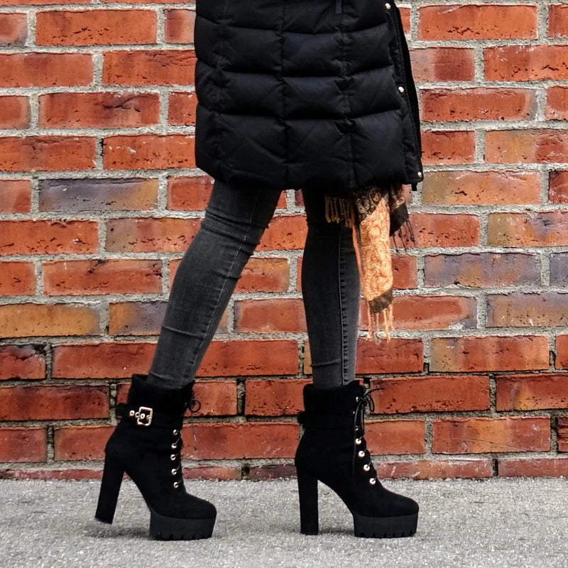 Platform Thick High Heel Buckle Strap Flock Ankle Boots