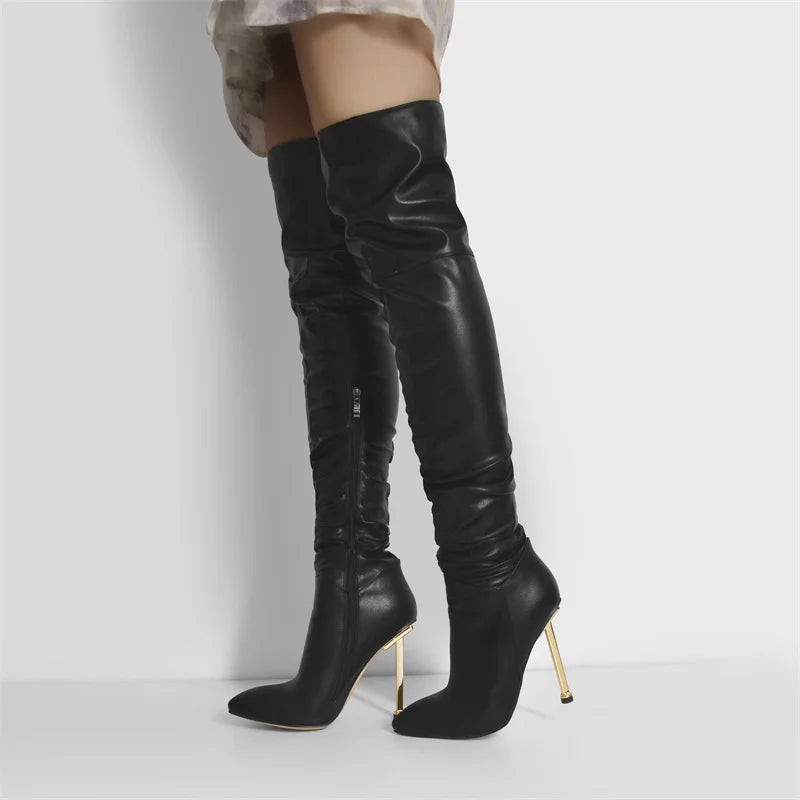 Pointed Toe Metal Heel Side Zip Over The Knee High Boots