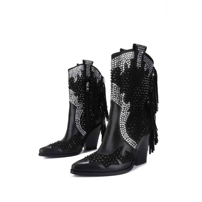 Rhinestone Crystal Fringe Chunky Heels Over The Knee Boots