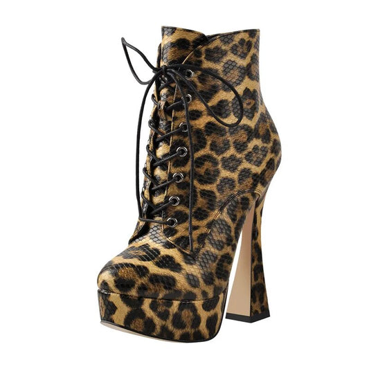 Patent Leather Spike High Heels Lace-Up Ankle Boots