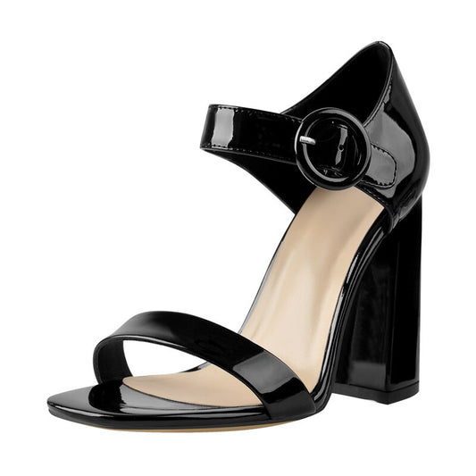 Patent Leather Buckle Cover Chunky High Heel Sandals