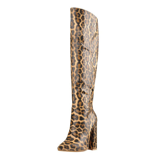 Leopard Zip Pull On Chunky High Heels Knee High Boots