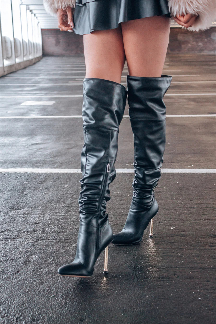 Pointed Toe Metal Heel Side Zip Over The Knee High Boots