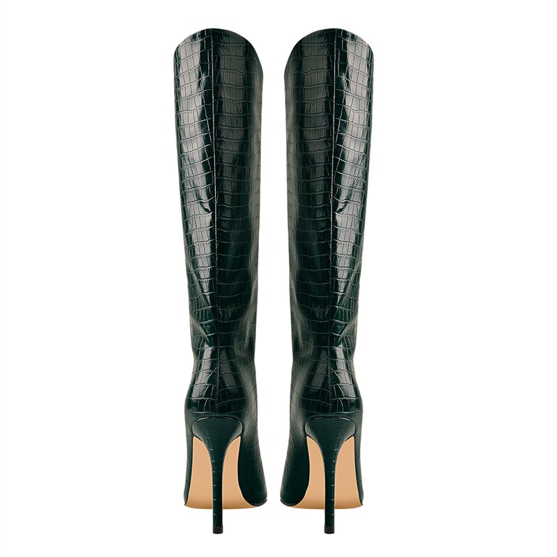 Stone Pretend Patent Leather Pointed Toe Knee High Boots
