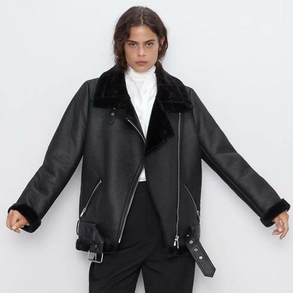 Turn Down Collar Faux Leather Long-Sleeved Belted Jacket
