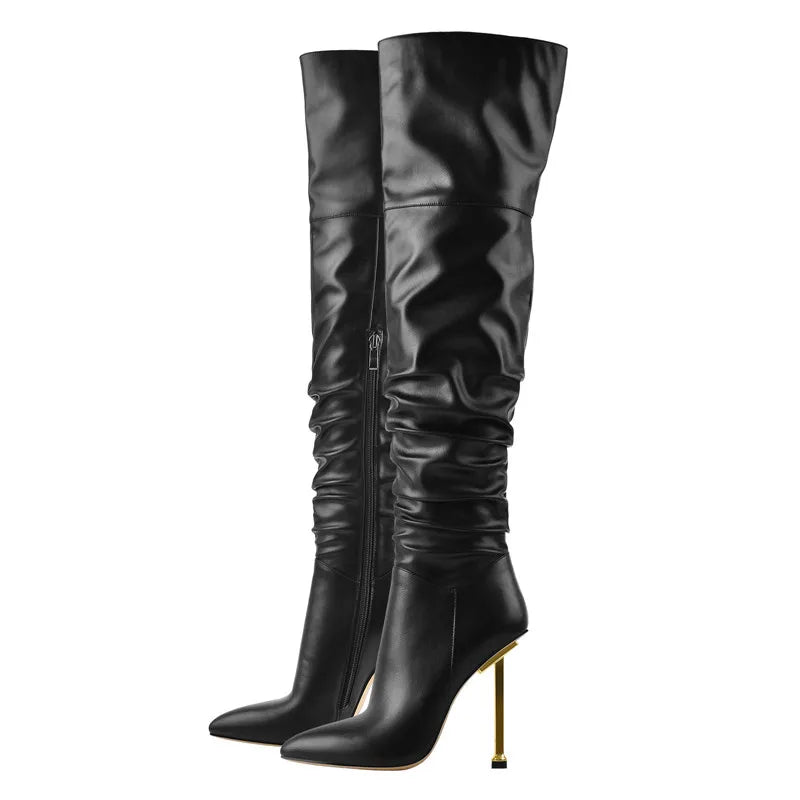 Pointed Toe Metal Heel Side Zip Over The Knee High Boots