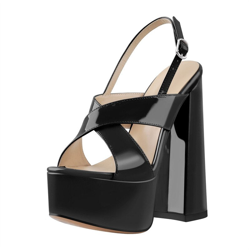 Thick Cross-Tied Peep Toe Square Heels Ankle Strap Sandals