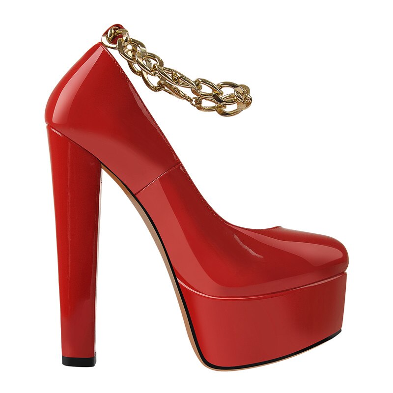 Round Toe Chunky Heels Pumps Chain Ankle Strap Shoes