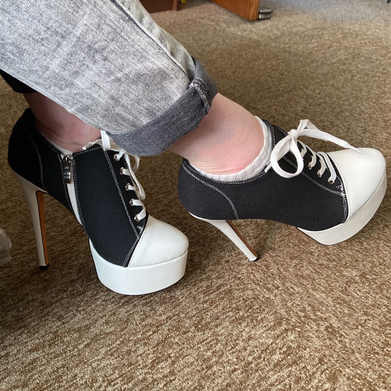 Canvas High Heel Platform Lace Up Round Toe Shoes