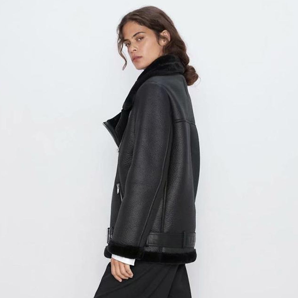 Turn Down Collar Faux Leather Long-Sleeved Belted Jacket