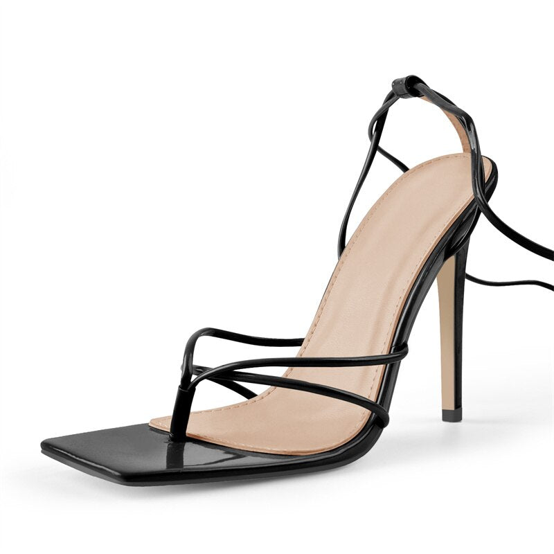Lace-Up Patent Leather Ankle Strap High Heels Square Toe Sandals