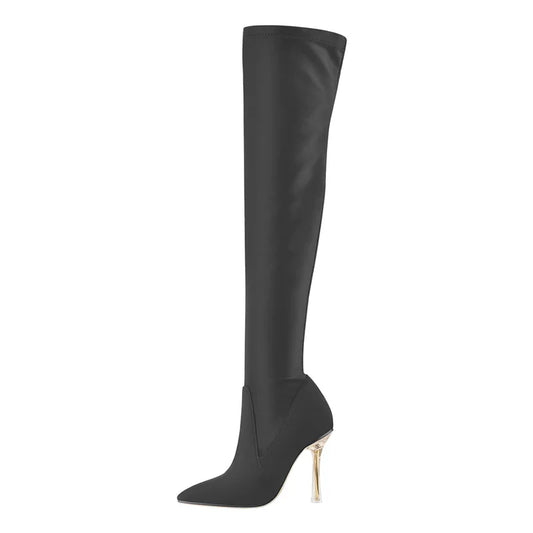 Pointed Toe Satin Flock High Stretch Metal High Heel Sock Over The Knee Boots