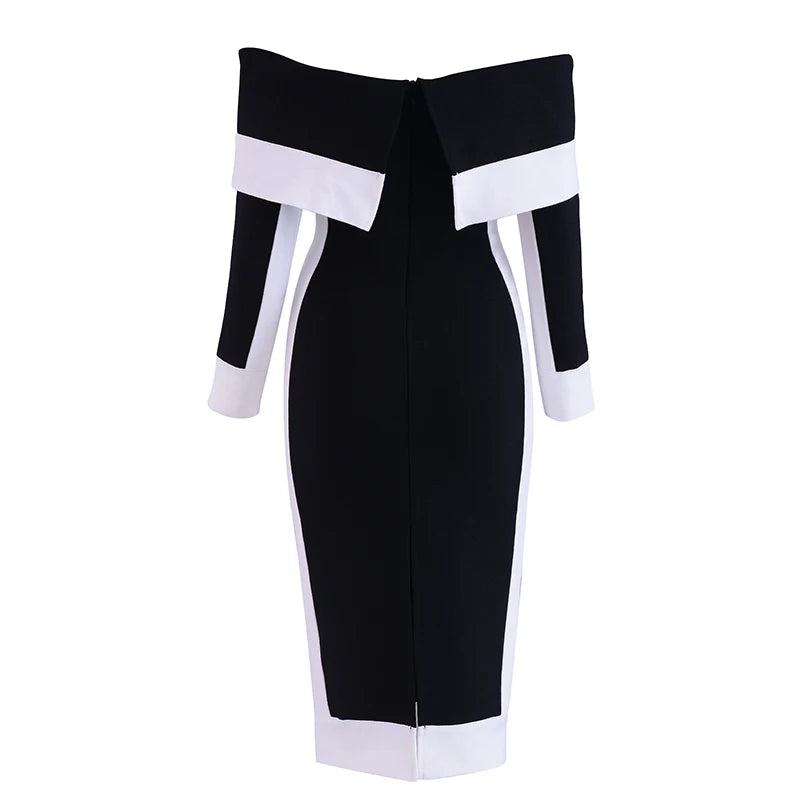 Black White Off The Long Sleeve Slash Neck Mid Bandage Dress