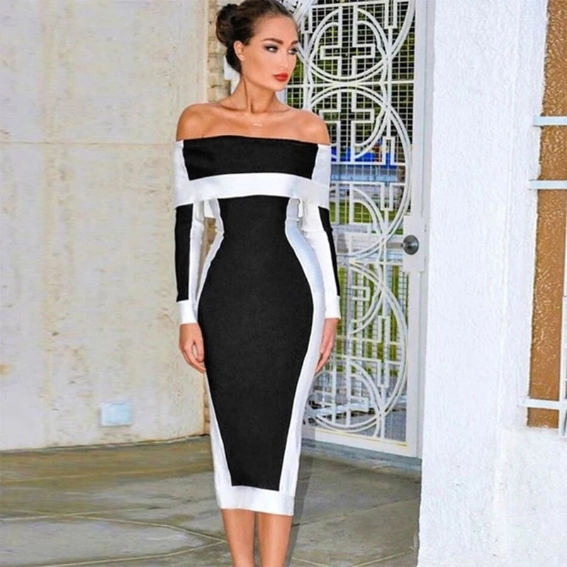 Black White Off The Long Sleeve Slash Neck Mid Bandage Dress