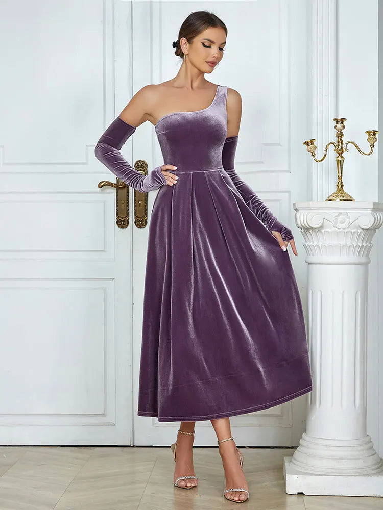 Velvet Slanted Neck One Shoulder Glove Design Draped A-Line Mid Dress