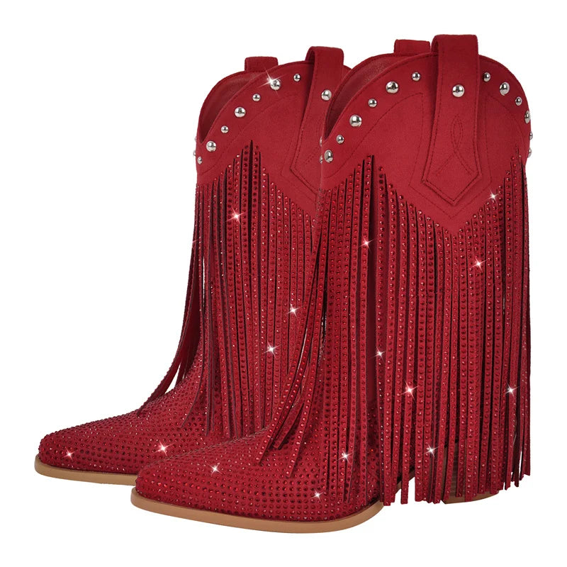 Pointed Toe Rhinestone Bling Pointed Toe Fringe Mid Boots