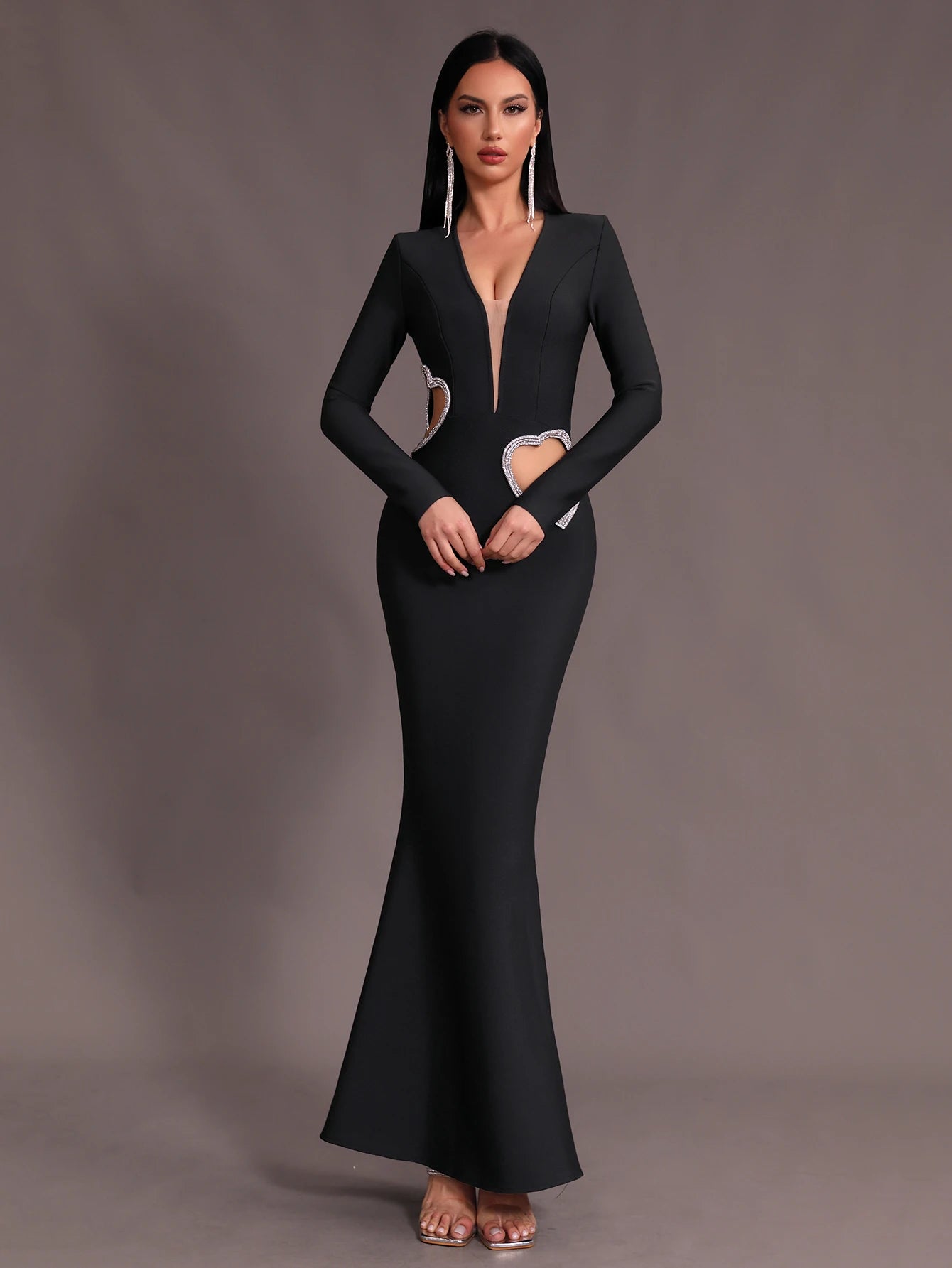 V-neck Belt Hollow Heart Diamond Mermaid Bandage Maxi Dress