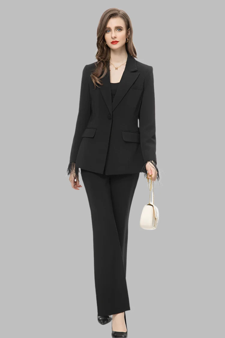 Lapel Caller Tassels Feather Long Sleeve Blazer Straight Trousers Set