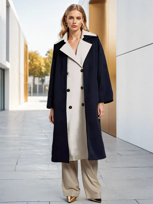 Lapel Loose Contrast Colour Patchwork Sashes Long Sleeve Trench Coat